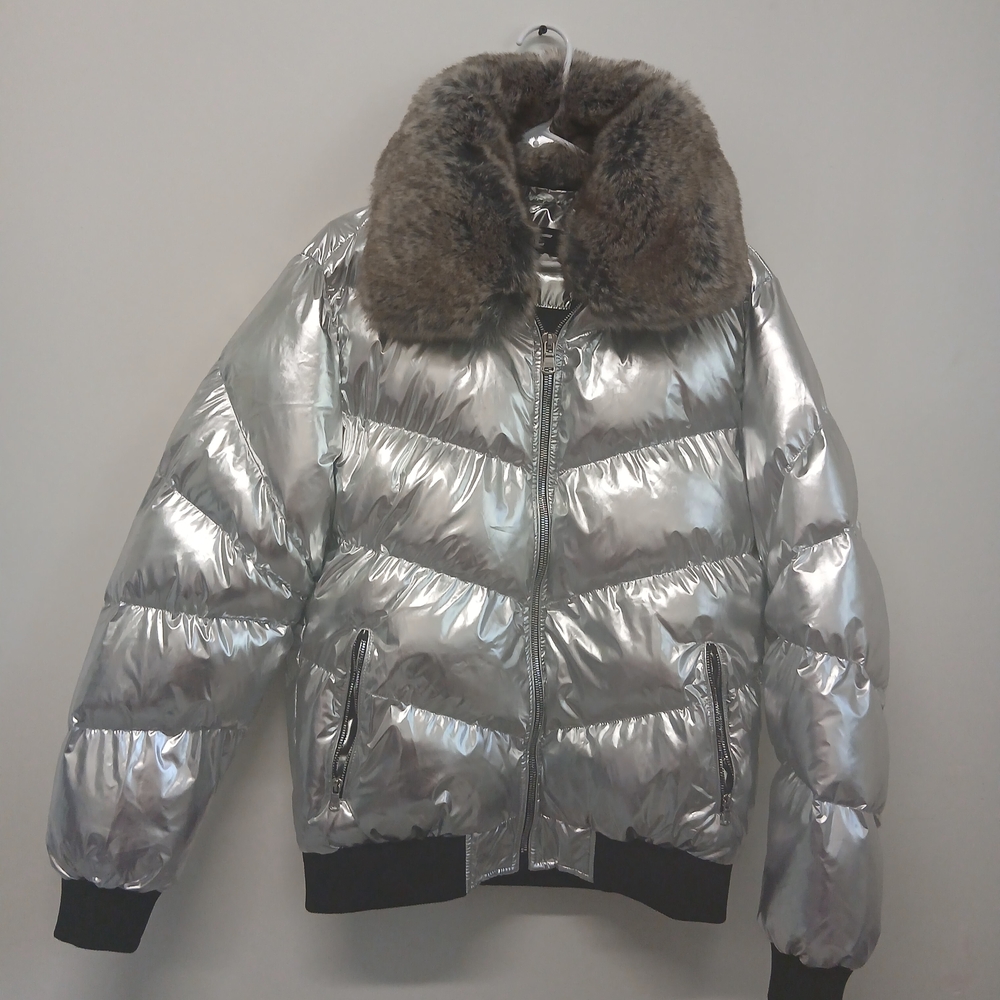 Legacy Edition Unisex Silver Bomber Jacket with Brown Fur Collar Size M